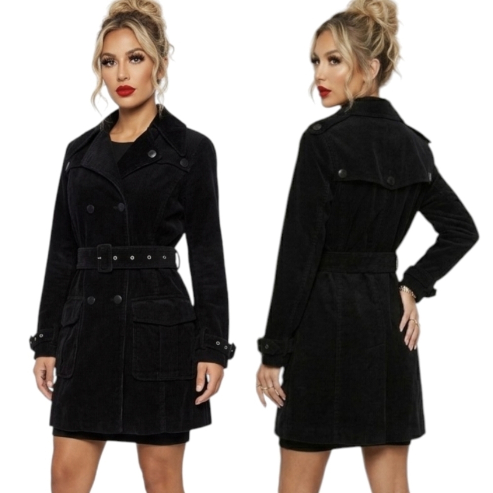 Cordelia Velvet Trench Coat Size 6 Small Black Ribbed Long Heavy